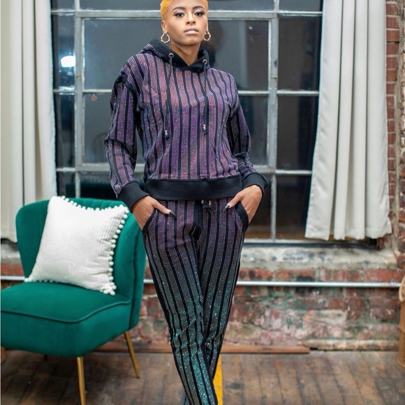 KUHRIZMUH Rhinestone Embellished Jogger Set - Picture 3 of 7